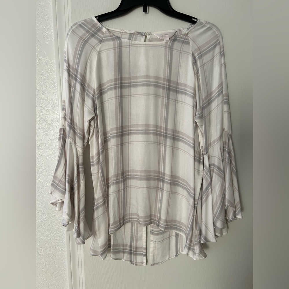 LC Lauren Conrad Cream Plaid Blouse with Flare Bell Sleeves
